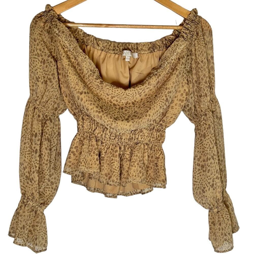 WAYF Portola Off Shoulder Long Sleeve Top Tan Cheetah M